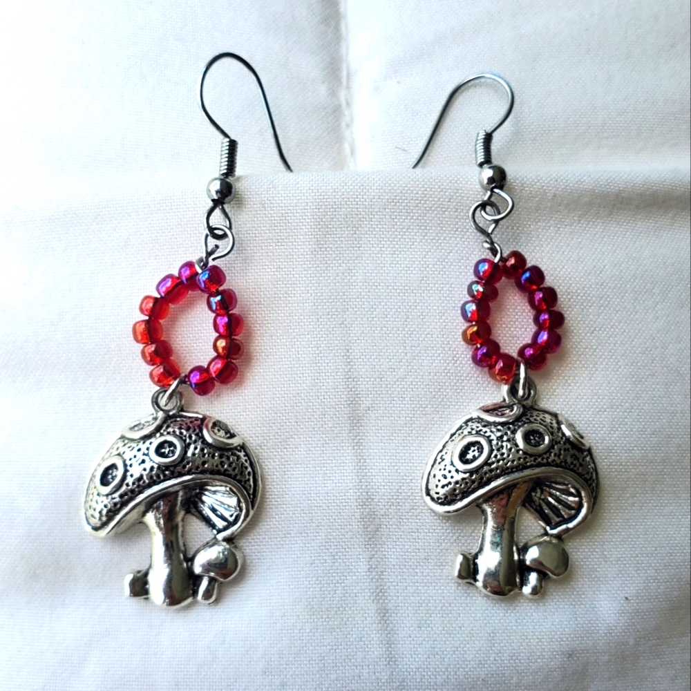 Silver Mushroom Earrings with Red Beads